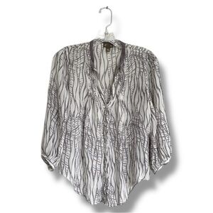Anthropologie Fei Sheer Silk Ivory & Grey Button Down Boho Peasant Top Size 4